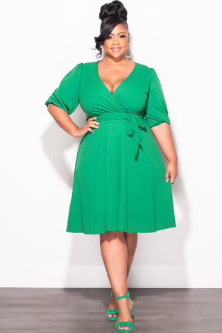 Final Sale Plus Size Faux Wrap Skater Dress in Green