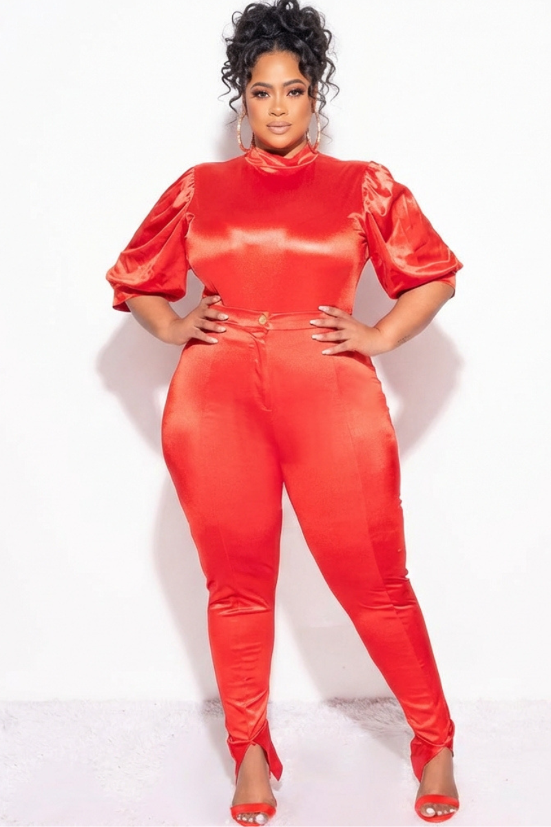 Final Sale Plus Size 2pc Satin Puffy Short Sleeve Bodysuit and Pants Set in Red