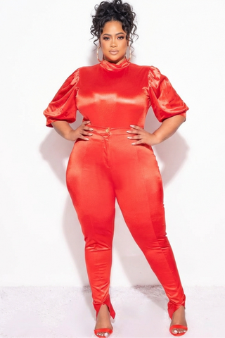 Final Sale Plus Size 2pc Satin Puffy Short Sleeve Bodysuit and Pants Set in Red