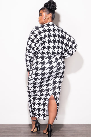 Final Sale Plus Size 2pc Sleeveless Midi Dress with Crop Cardigan Black and White Houndstooth Print