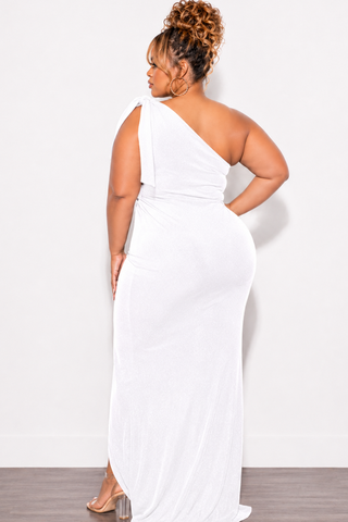 Final Sale Plus Size One Shoulder Gown with Bow in Off White with Silver Glitter