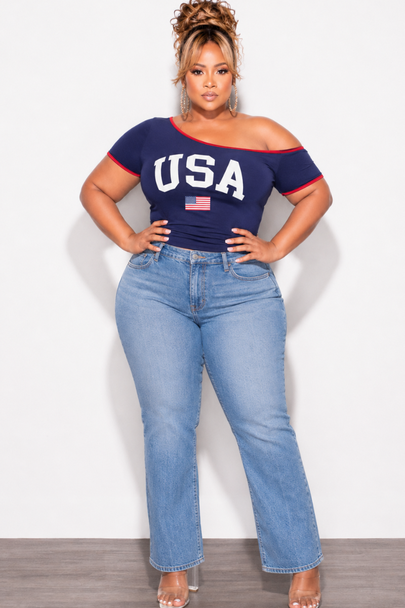 Final Plus Size USA Off The Shoulder Baby Tee Top in Navy