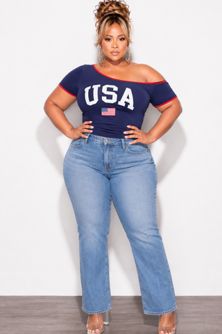 Final Plus Size USA Off The Shoulder Baby Tee Top in Navy