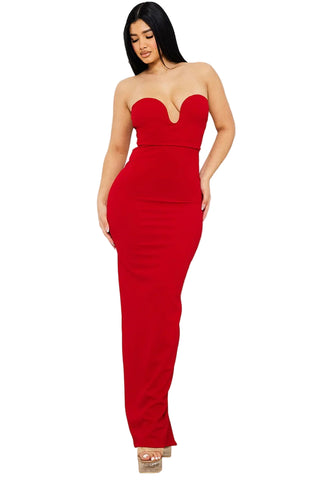 Final Sale Strapless Lace Up Maxi Dress in Red