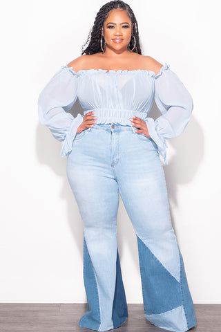 Final Sale Plus Size ColorBlock Flare Denim Jeans in Light Stone Denim