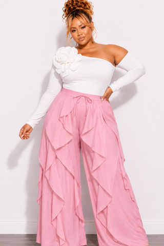 Final Sale Plus Size Wide Leg Drawstring Oversized Windbreaker Wavy Pants in Soft Pink