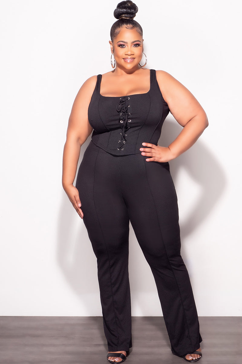 Final Sale Plus Size Ribbed 2pc Sleeveless Lace Up Tank Top & Pants Set in Black
