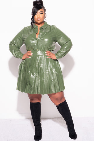 Final Sale Plus Size 2Pc Set Button Up Top With Pleated Skirt in Olive - 3x 22 Final Sale Plus Size 2Pc Set Button Up Top With Pleated Skirt in Olive - 3x 22
