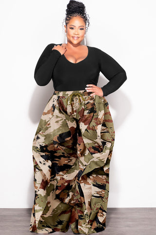 Final Sale Plus Size Wide Leg Drawstring Oversized Windbreaker Wavy Pants in Camo Olive/Black Multi Color Print