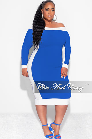 Final Sale Plus Size Off the Shoulder BodyCon Dress in Royal with White Trim