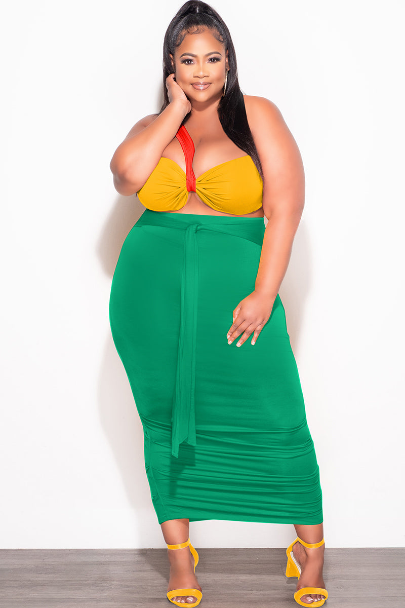 Final Sale Plus Size 2pc One Shoulder Twist Front Bra Top and Ruched Skirt in Orange Yellow and Green