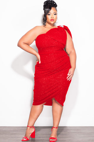 Final Sale Plus Size Glitter One Shoulder Ruched Dress Bow in Red
