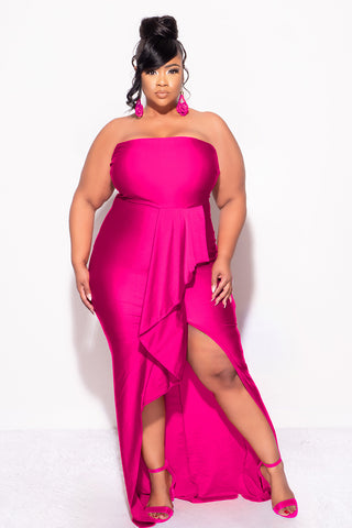 Final Sale Plus Size Strapless Ruffle Dress with Slit in Fuchsia