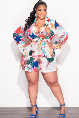 Final Sale Plus Size 2pc Drawstring Blazer and High Waist Shorts in White Multi Color Tropical Print