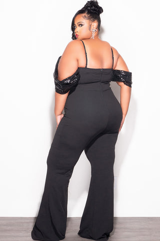 Final Sale Plus Size Off The Shoulder Faux Wrap Sequin Jumpsuit Black