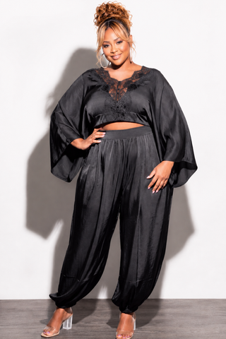 Final Sale Plus Size 2pc Satin Balloon Pant Set in Black