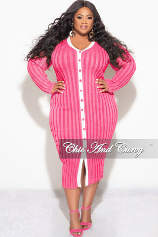 Final Sale Plus Size Collar Button Up Midi Dress in Pink