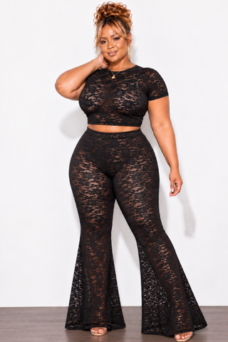 Final Sale Plus Size 2pc Short Sleeve Crop Lace Top & Pant in Black