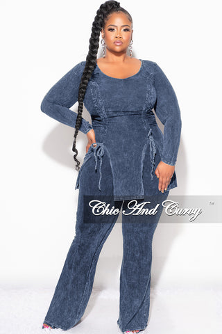 Final Sale Plus Size 2pc Ruched Drawstring Double Slit Top and Pants Set in Blue