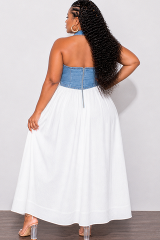 Final Sale Plus Size Maxi Dress with Denim Wash Halter Vest & Off White Woven Skirt