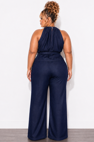 Final Sale Plus Size 2pc Sleeveless Top And Pant Set in Dark Denim