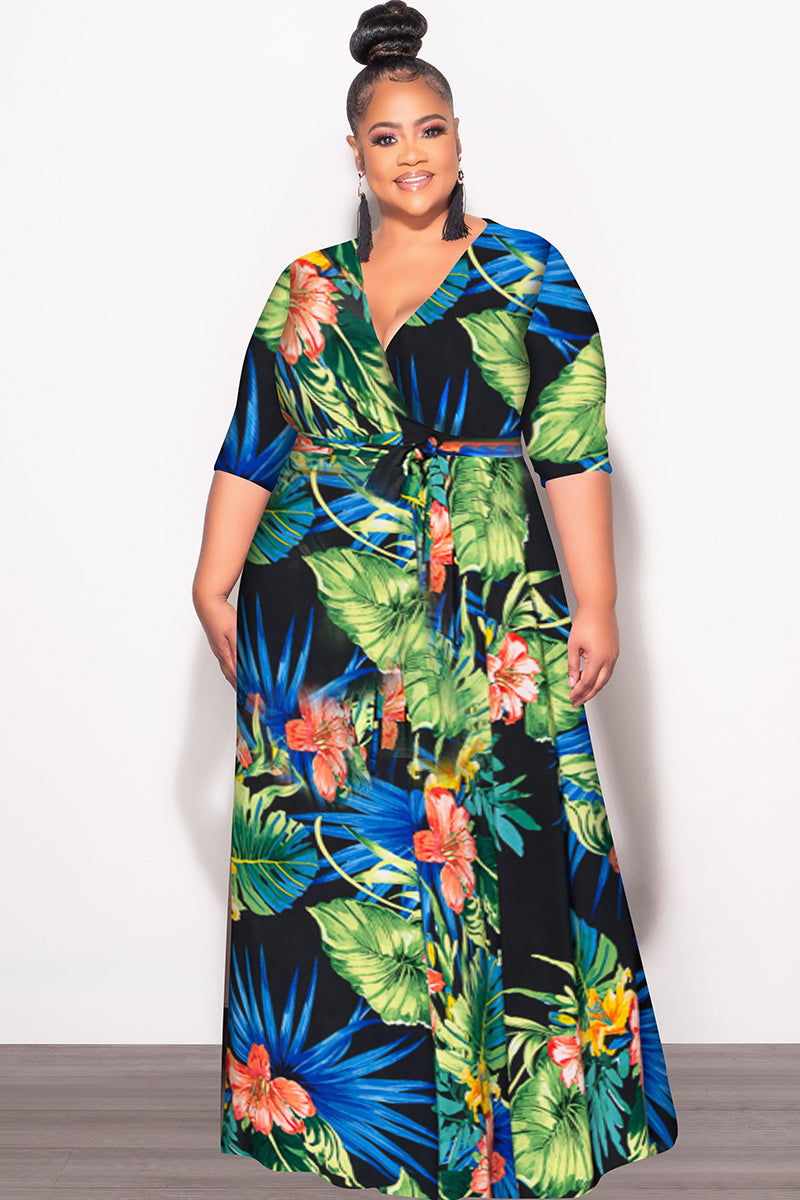 Final Sale Plus Size Faux Wrap Dress in Black Green and Royal Blue Floral Print - 3x 18 Final Sale Plus Size Faux Wrap Dress in Black Green and Royal Blue Floral Print - 3x 18