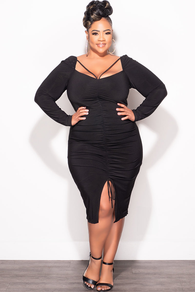 Final Sale Plus Size Long Sleeve Cutout Ruched BodyCon Dress with Fron Chic And Curvy Final Sale Plus Size Long Sleeve Cutout Ruched BodyCon Dress with Fron Chic And Curvy