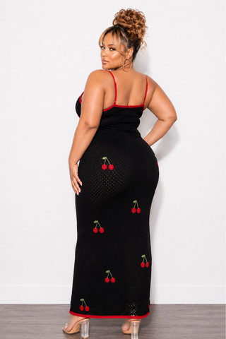 Final Sale Plus Size Tank Crochet Knit Dress in Black With Red Cherries