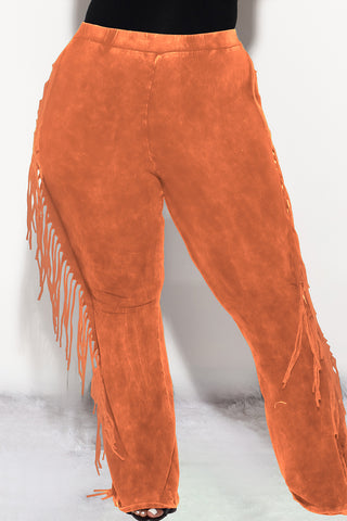 Final Sale Plus Size High Waist Fringe Trim Pants in Rust Acid Wash Print Jersey