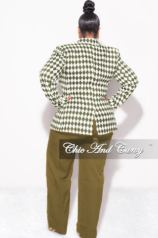 Final Sale Plus Size 2pc Pants Suit in Olive and White Diamond Print