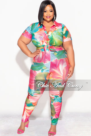 Final Sale Plus Size 2pc Button Up Collar Top and Pants Set in Pink and Green Tropical Print