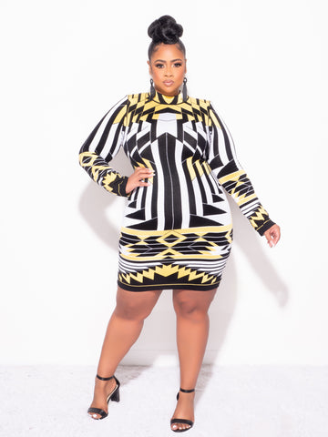 Final Sale Plus Size Long Sleeve Mock Neck BodyCon Sweater Dress in Black White and Yellow