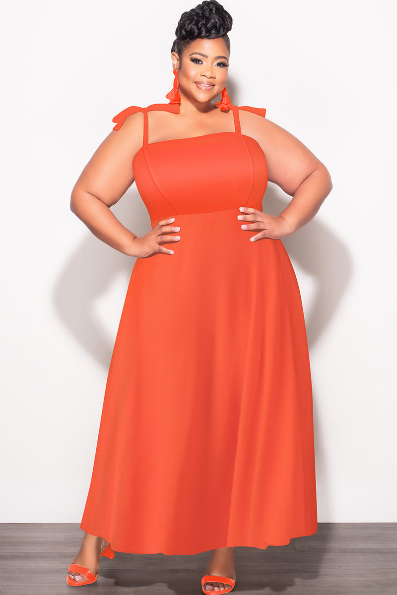 Final Sale Plus Size Self Tie Strap Light Weight Linen Blend Dress in Coral Orange - 2X 18/20 Final Sale Plus Size Self Tie Strap Light Weight Linen Blend Dress in Coral Orange - 2X 18/20