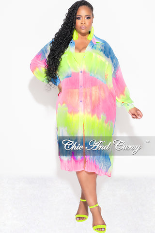 Final Sale Plus Size Sheer Button Up Collar Tunic Dress in Multi Color Print