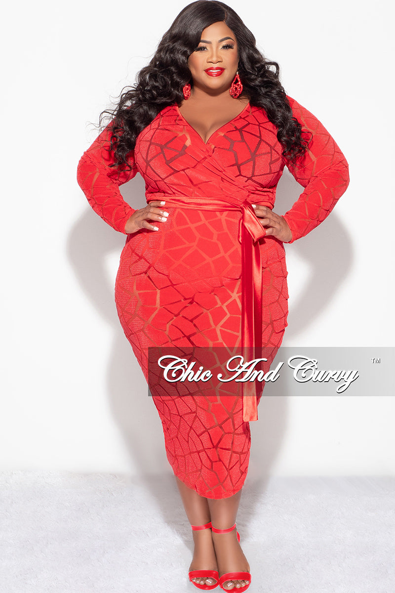 Final Sale Plus Size Sheer Long Sleeve Faux Wrap BodyCon with Waist Tie and Back Slit in Red