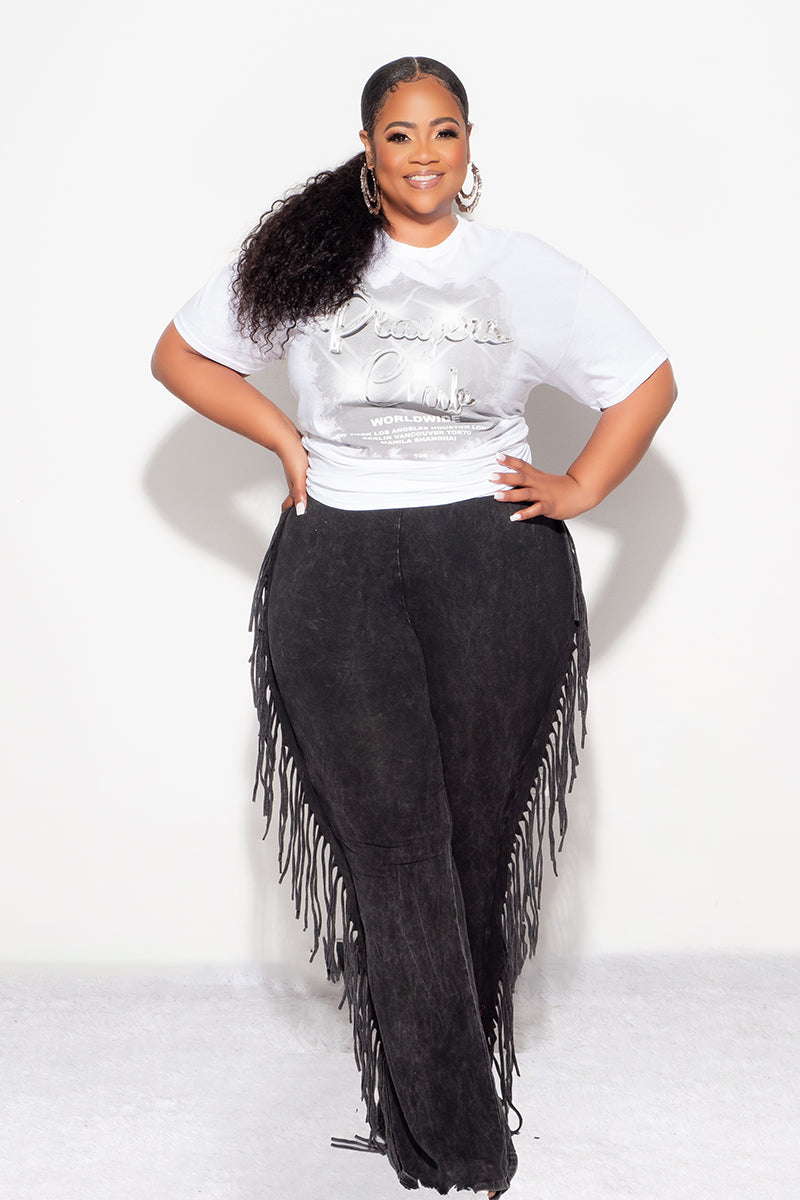 Final Sale Plus Size High Waist Fringe Trim Pants in Black Acid Wash Print Jersey