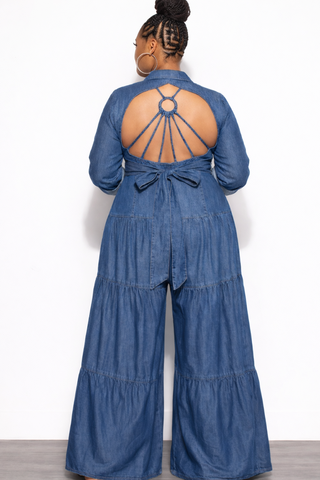 Final Sale Plus Size Long Sleeve Jumpsuit with Collar in Dark Denim Chambray