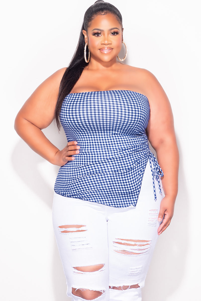 Final Sale Plus Size Gingham Tube Top with Drawstring Ruched Side in Royal Blue & White