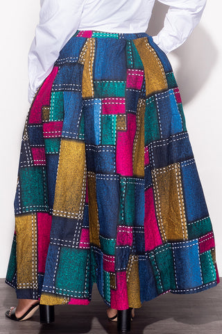 Final Sale Plus Size High Waist Maxi Skirt with Tie in Multi Color Print