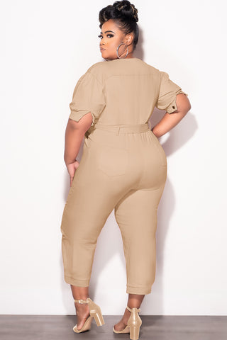 Final Sale Plus Size Cropped Zip-Up Wide Leg Jumpsuit in Khaki
