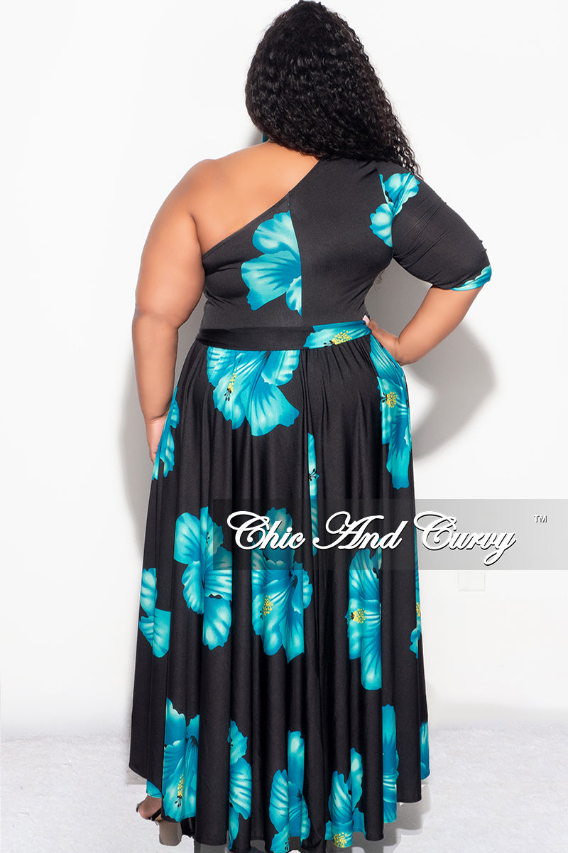Final Sale Plus Size One Shoulder Dress in Black and Turquoise Floral Chic And Curvy Final Sale Plus Size One Shoulder Dress in Black and Turquoise Floral Chic And Curvy