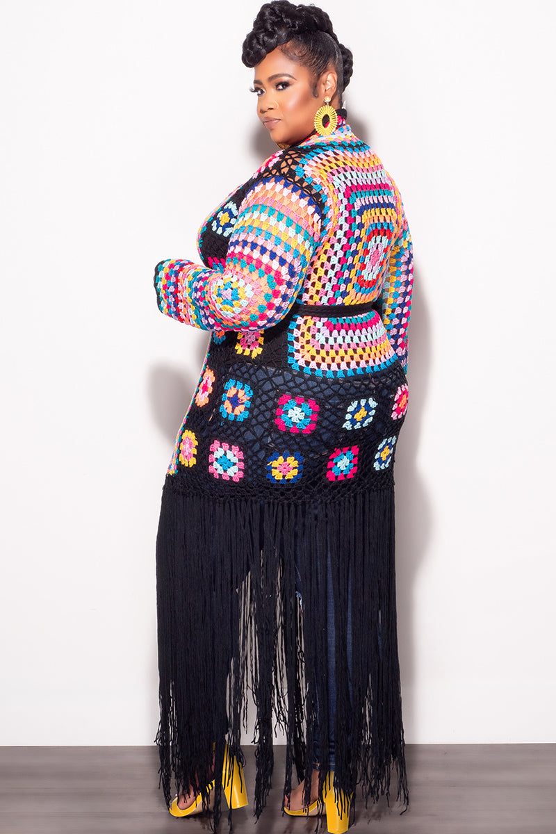 Final Sale Plus Size Crochet Cardigan with Bottom Fringe in Black