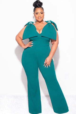 Final Sale Plus Size Jumpsuit with Bow on Shoulders in Green