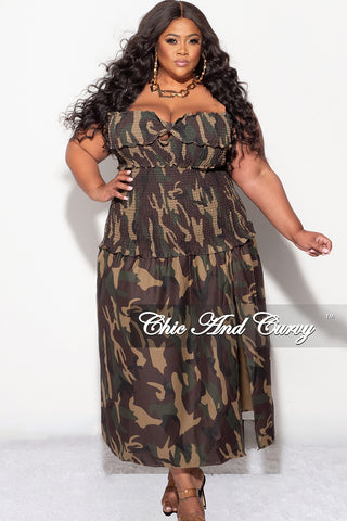 Final Sale Plus Size Strapless Frill Dress with Slit in Camouflage Print