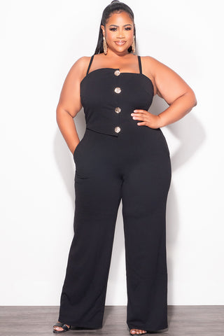 Final Sale Plus Size Spaghetti Strap Jumpsuit with Gold Button Detail in Black
