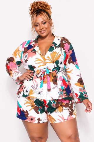 Final Sale Plus Size 2pc Drawstring Blazer and High Waist Shorts in White Multi Color Tropical Print