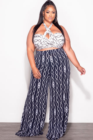Final Sale Plus Size 2pc Set Black & White Self Tie Top & Pants in Navy & White Chain Print