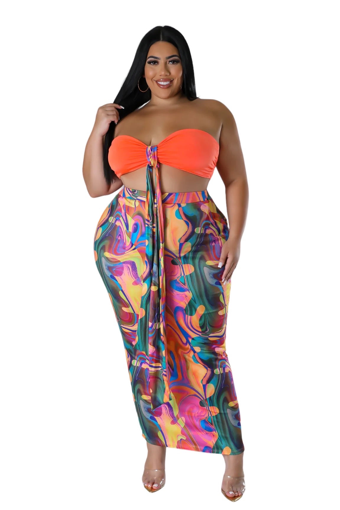 Final Sale Plus Size 2pc Set in Orange Multi-Color Skirt & Top