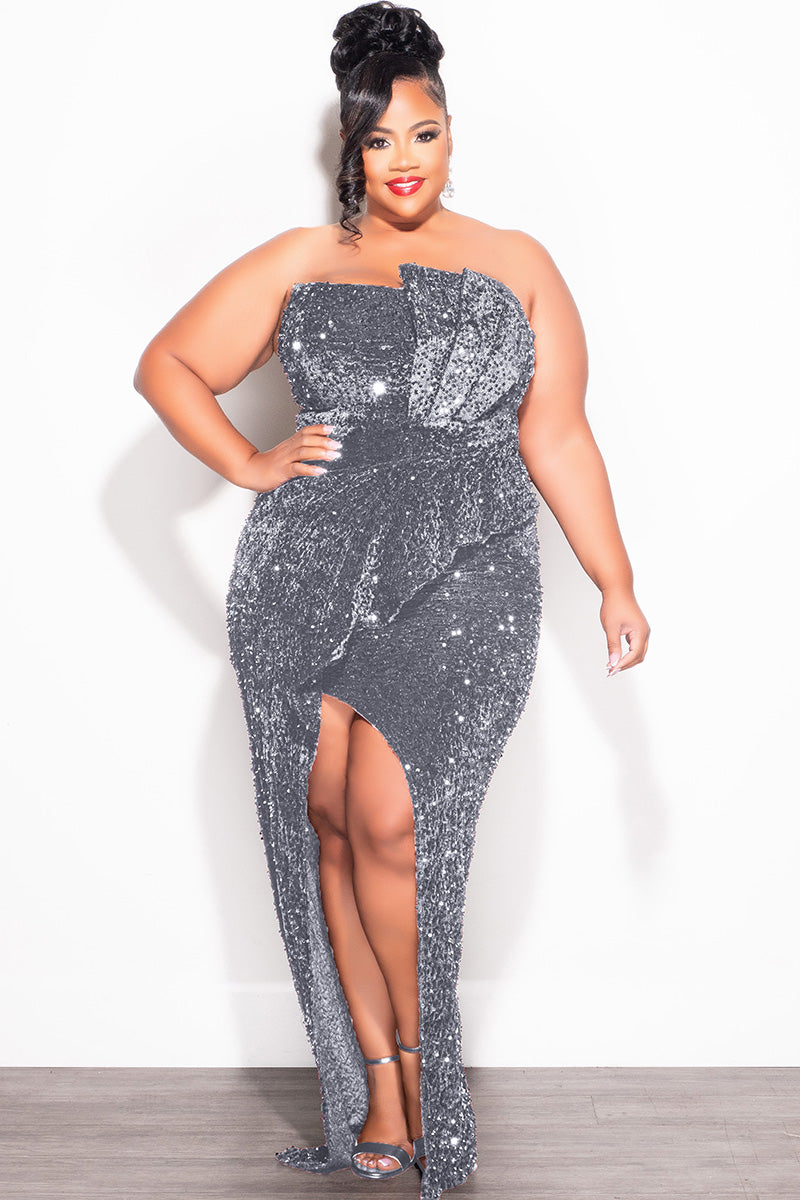 Final Sale Plus Size Strapless Pleated Ruffle Velvet & Sequin Gown wit Chic And Curvy Final Sale Plus Size Strapless Pleated Ruffle Velvet & Sequin Gown wit Chic And Curvy