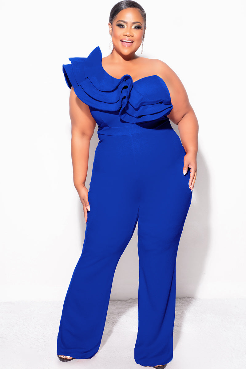 Final Sale Plus Size One Shoulder Ruffle Trim Jumpsuit in Royal Blue